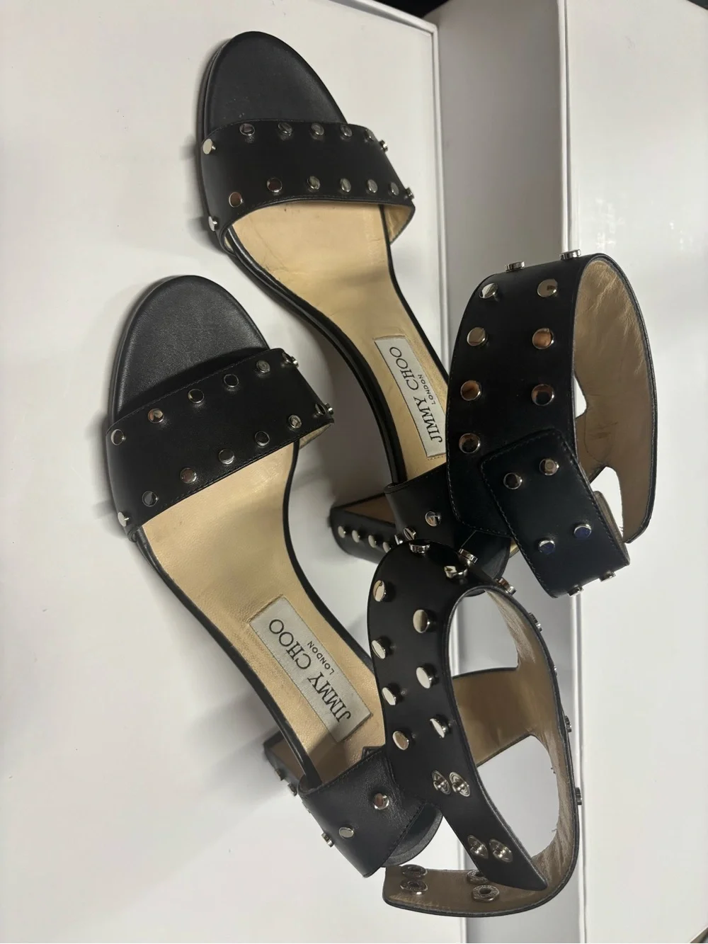 Jimmy Choo Black Studded Leather Ankle-Strap Block Heels